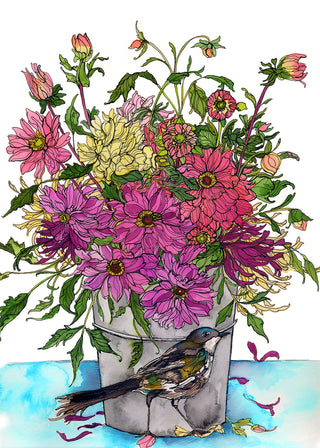 Warbler & Dahlia Bouquet Greeting Card